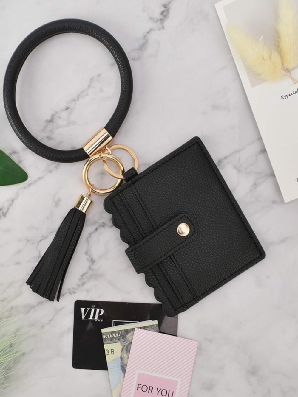 Cute Black Scalloped Wallet with Large Circle Keyring with Tassel, NWT